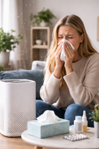 Mujer estornudando en su salón